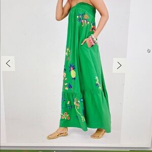 Anthropology Green Strapless Maxi Dress with Floral Embroidery size S (8-10)